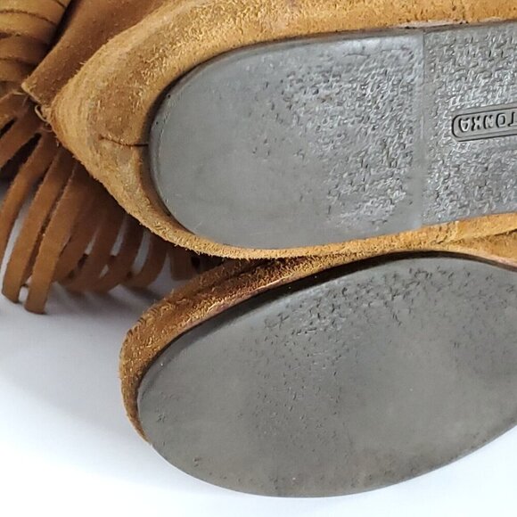 Minnetonka 3 Layer Fringe Moccasin Boots 9 Brown Suede Mid Calf Boho Hippie - Picture 10 of 13